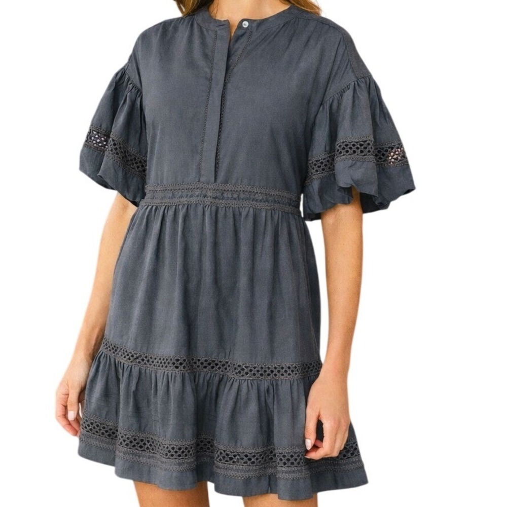 Marie Oliver Jade Mini Dress Small Charcoal Gray Silk Blend Poet-core Neutral‎